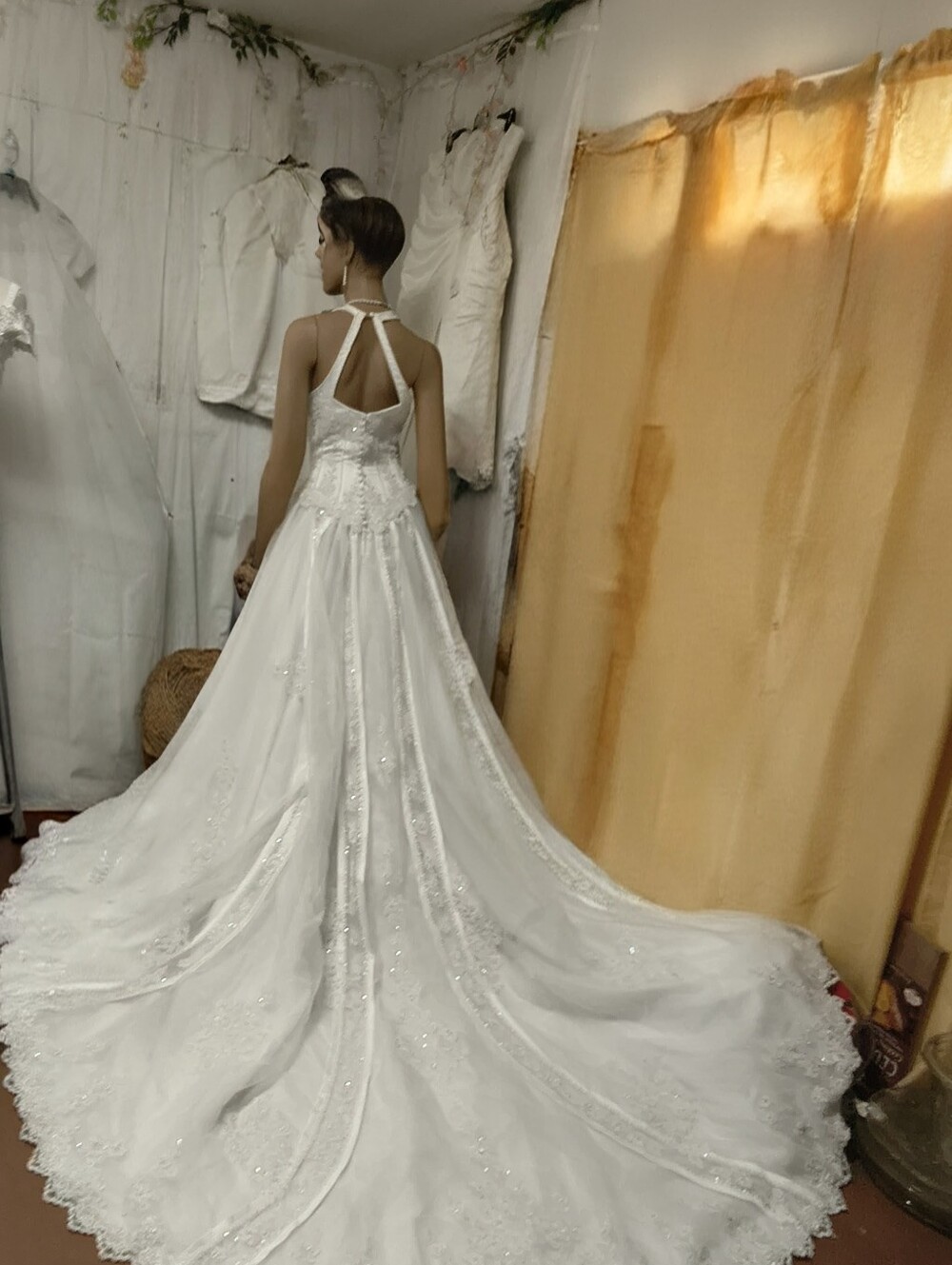 Mary's Bridal White Halter-Back Lace Appliqué Wedding Gown